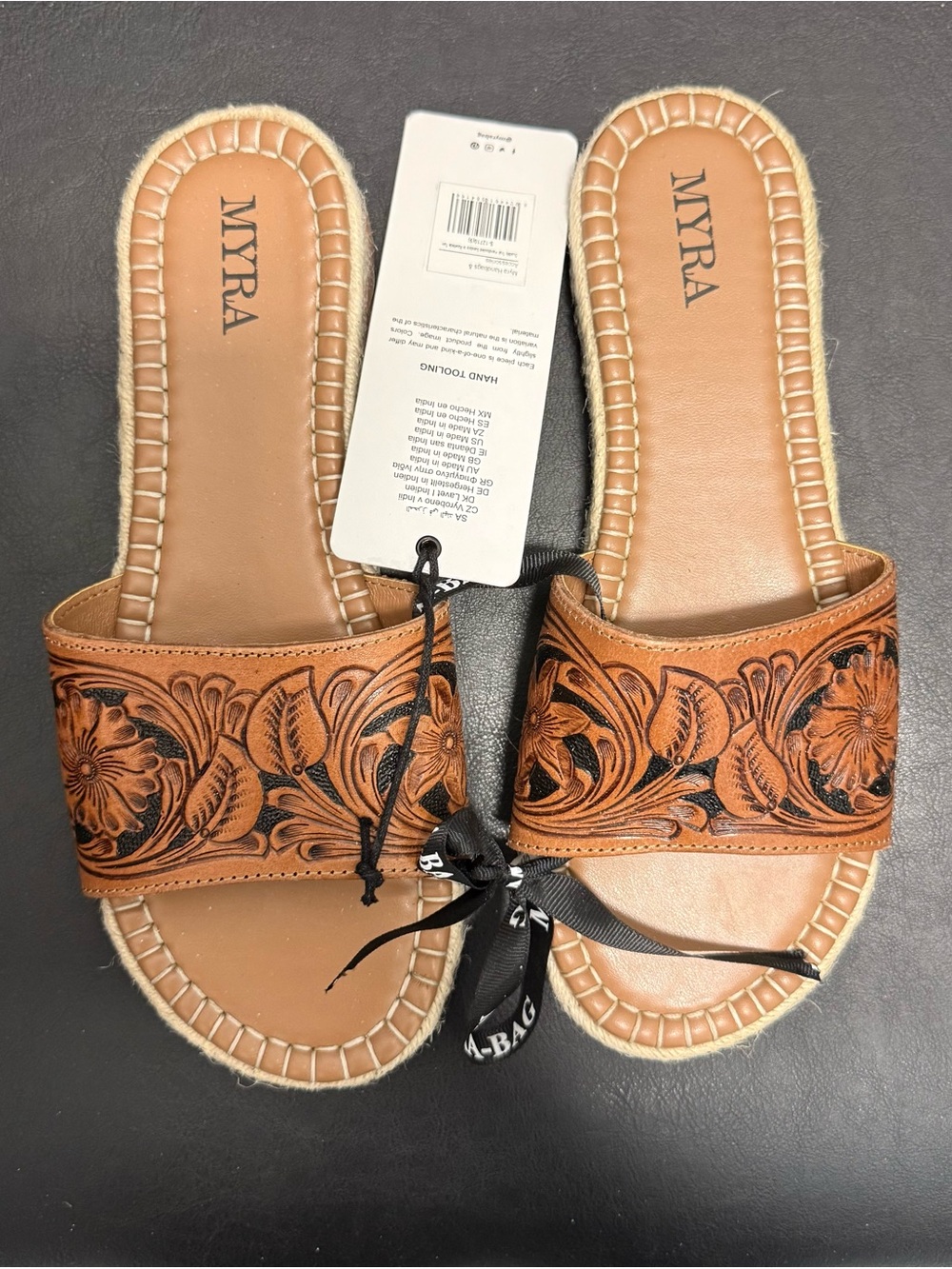 Myra Bag Brown Floral Leather Slide Sandals